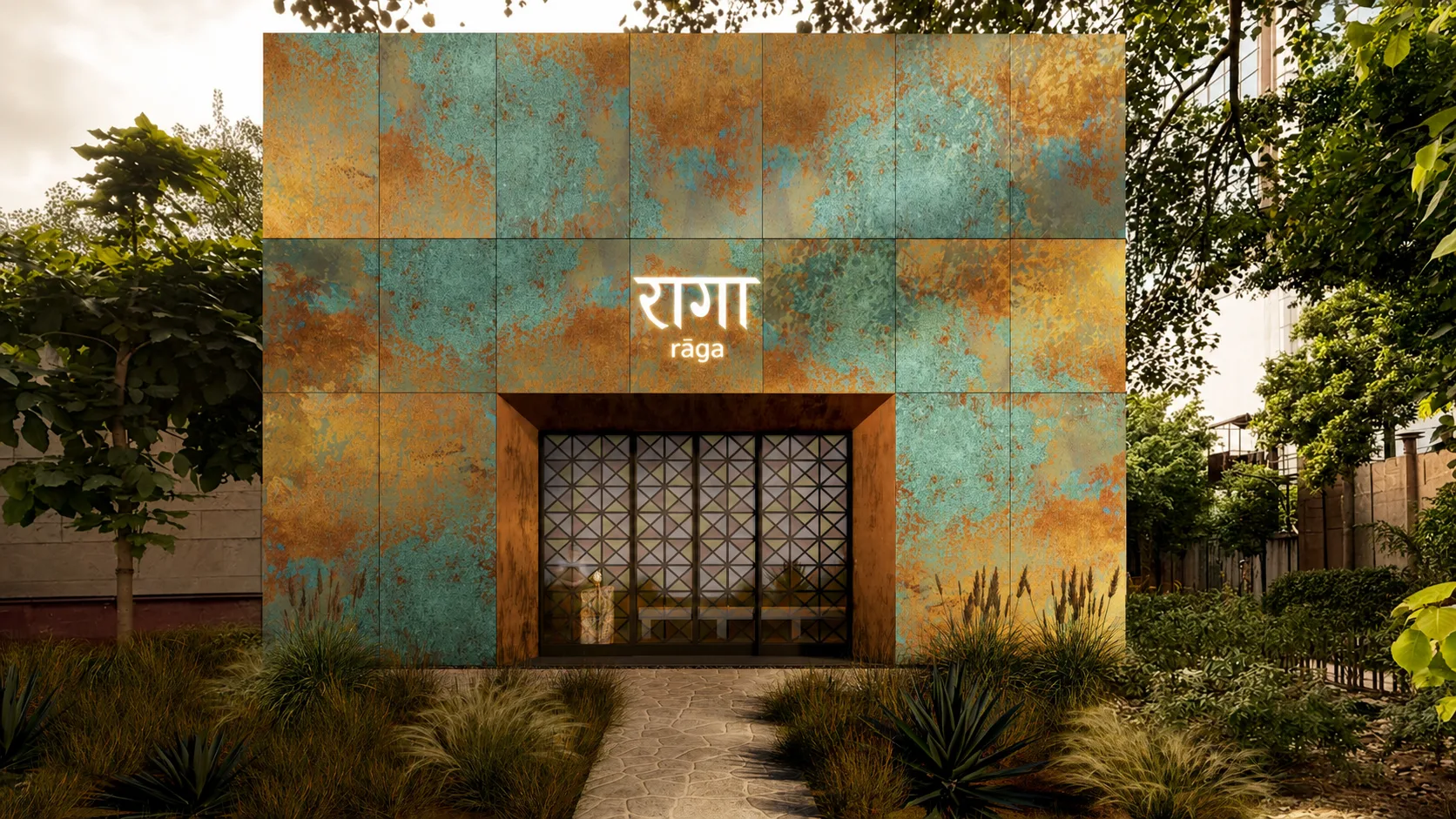 The Raga by Gaggan façade on Janpath, New Delhi: copper and turquoise patina panels, the illuminated राग · rāga sign and a lattice-glass entrance framed by trees