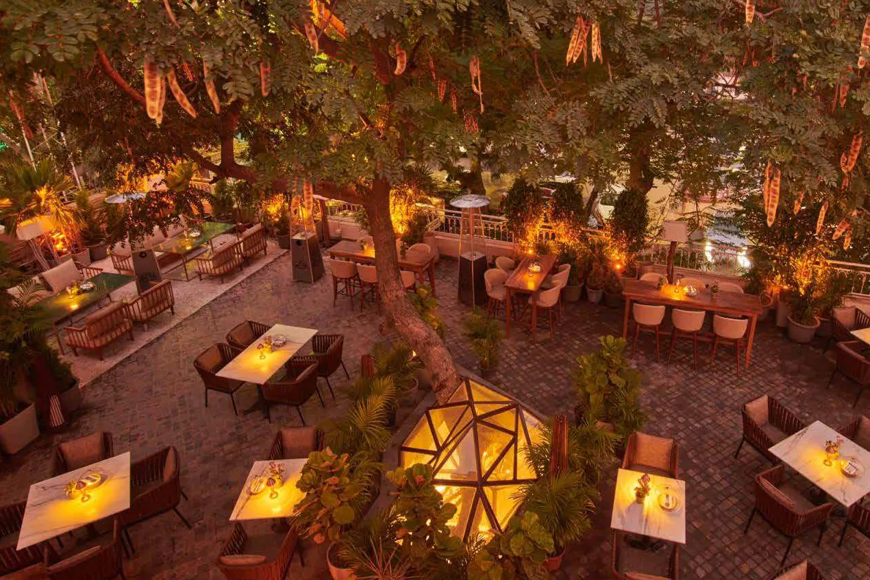 Swan's candlelit outdoor terrace seen from above, dining tables set beneath a large tree with a glowing glass dome